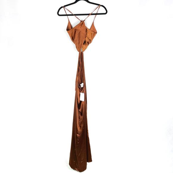 LPA Aniston Dress Hazelnut Satin Brown Maxi Ruched Ring Side Slit Sz S - Picture 8 of 12